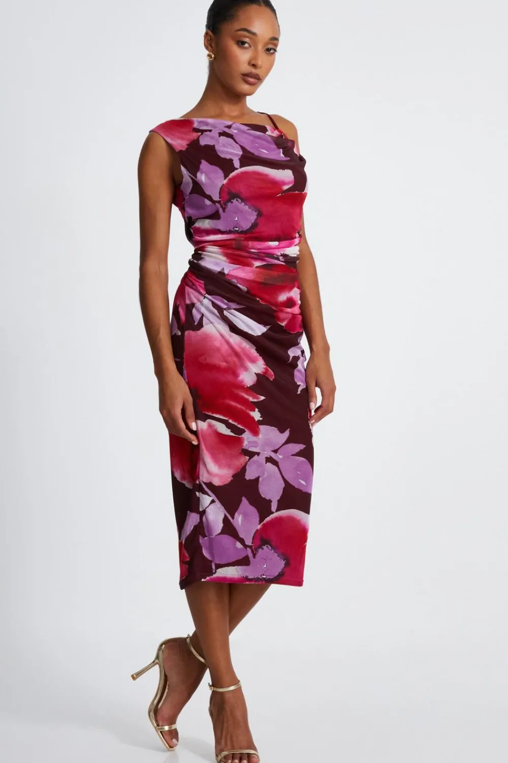 Quiz Florals|Wedding Guest Dresses>Dark Red Floral Midi Dress