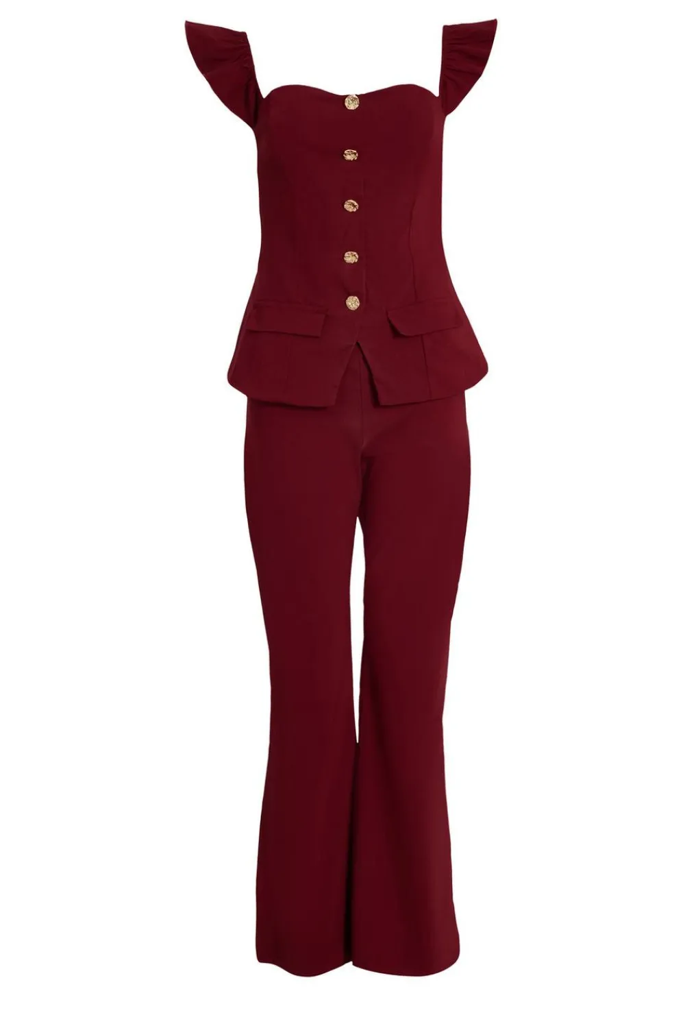 Quiz Occasion Jumpsuits|Going Out Jumpsuits>Dark Red Frill Sleeve Jumpsuit