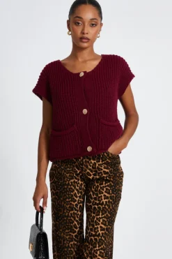 Quiz Trending: Red|Knitwear>Dark Red Knit Sleeveless Cardigan