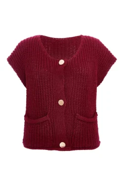 Quiz Trending: Red|Knitwear>Dark Red Knit Sleeveless Cardigan