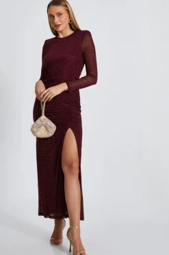 Quiz Evening Dresses|Wedding Guest Dresses>Dark Red Mesh Diamante Midaxi Dress