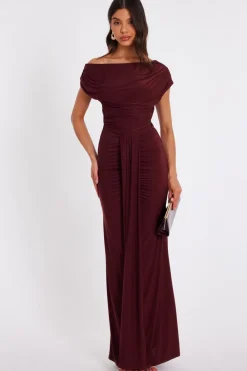 Quiz Evening Dresses|Dresses>Dark Red Off Shoulder Ruched Maxi Dress