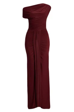 Quiz Evening Dresses|Dresses>Dark Red Off Shoulder Ruched Maxi Dress