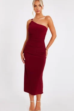 Quiz Day At The Races|Christening Guest>Dark Red One Shoulder Midaxi Dress