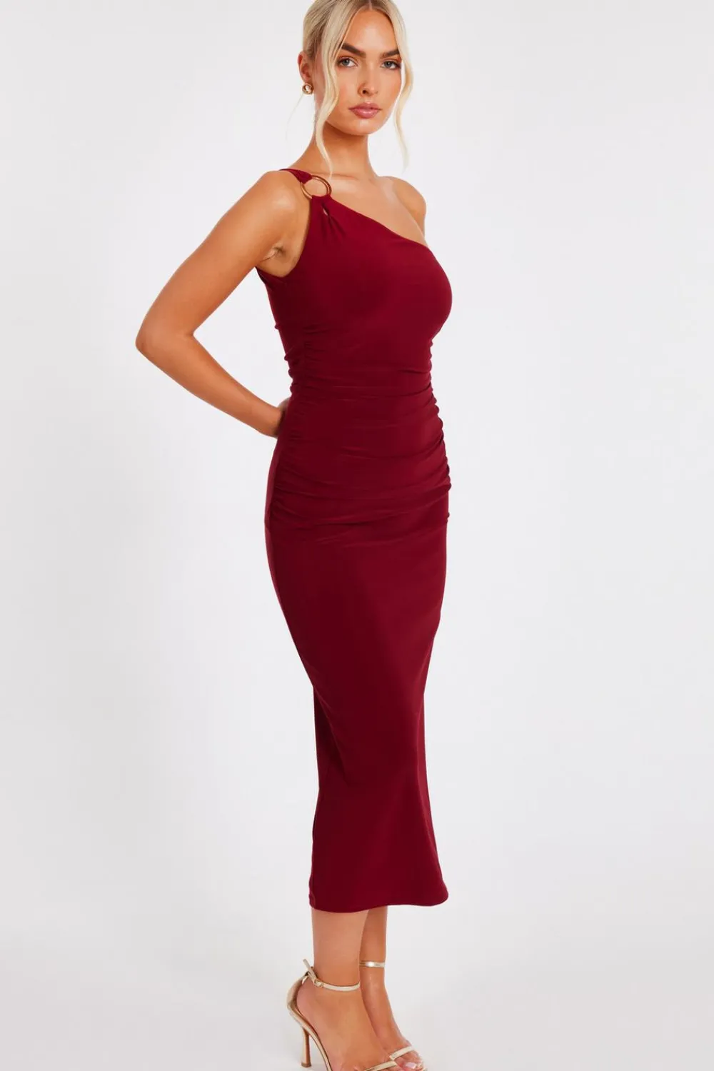 Quiz Day At The Races|Christening Guest>Dark Red One Shoulder Midaxi Dress