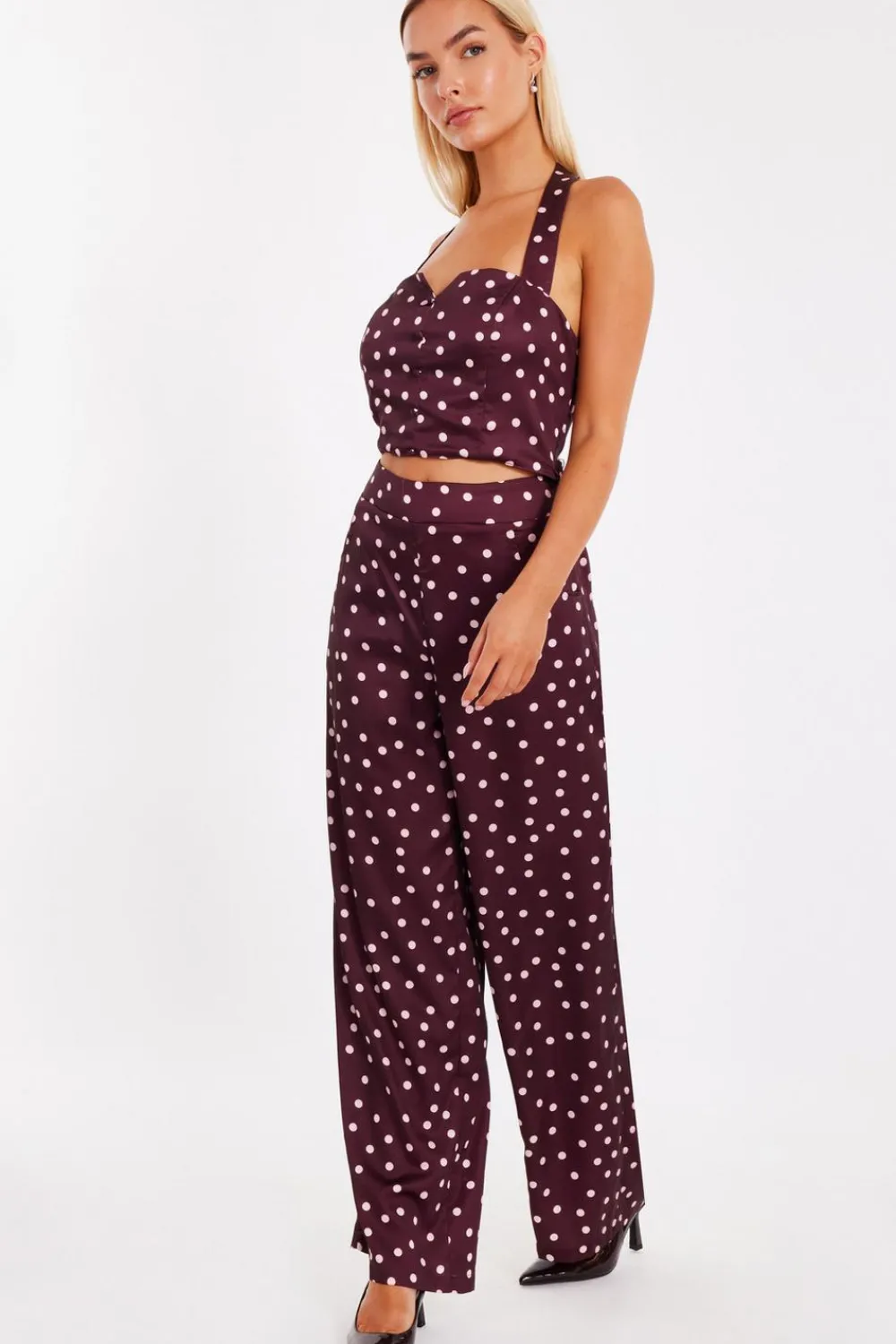 Quiz Going Out Tops|Crop Tops>Dark Red Polka Dot Crop Top
