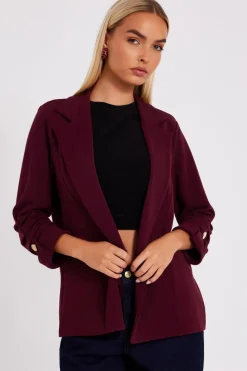 Quiz Workwear|Trending: Red>Dark Red Ruched Sleeve Blazer