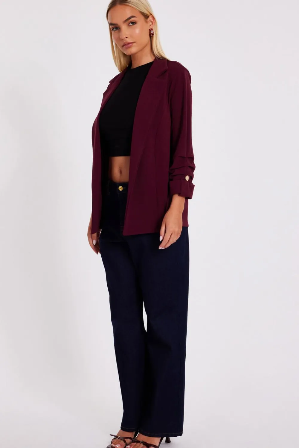 Quiz Workwear|Trending: Red>Dark Red Ruched Sleeve Blazer