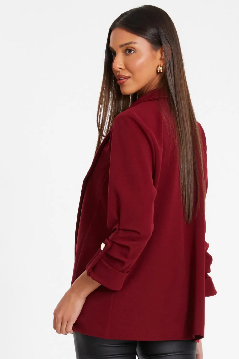 Quiz Workwear|Trending: Red>Dark Red Ruched Sleeve Blazer
