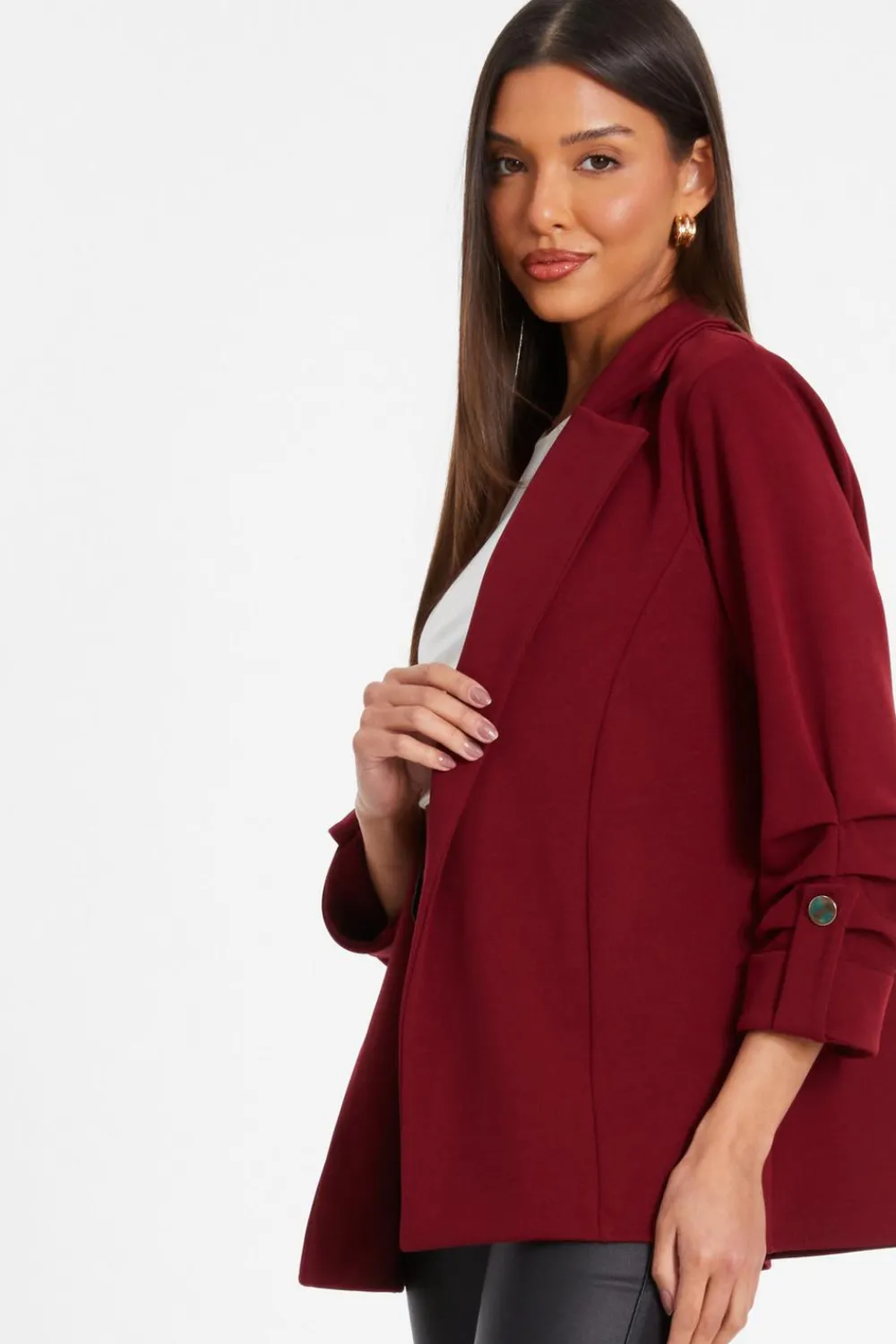 Quiz Workwear|Trending: Red>Dark Red Ruched Sleeve Blazer