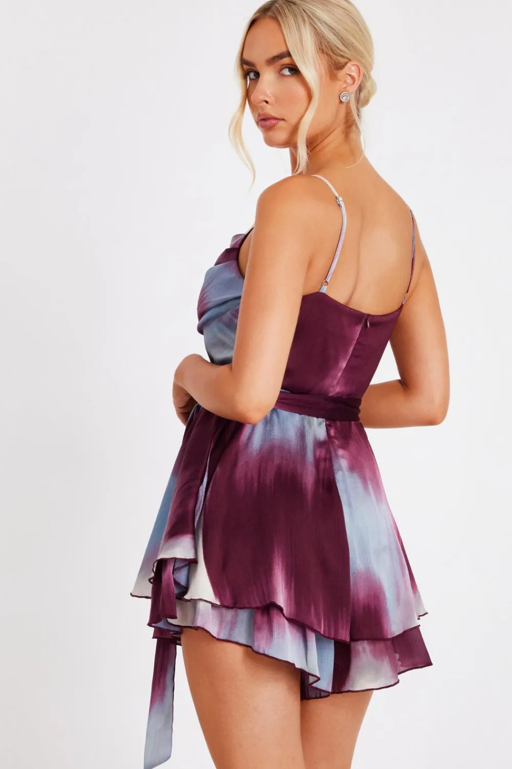 Quiz Playsuits|Jumpsuits>Dark Red Satin Printed Playsuit