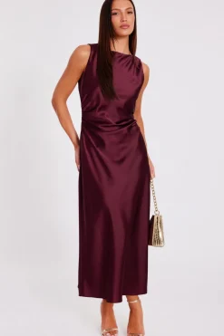 Quiz Day At The Races|Christening Guest>Dark Red Satin Ruched Midaxi Dress