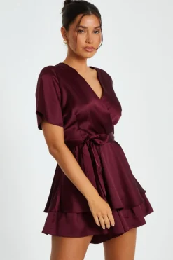 Quiz Trending: Red|Summer Clothes>Dark Red Satin Wrap Tiered Playsuit