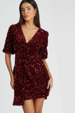 Quiz Trending: Red|Wrap Dresses>Dark Red Sequin Wrap Mini Dress