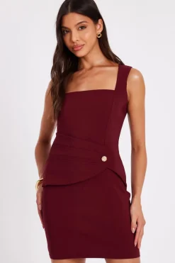 Quiz Trending: Red|Going Out>Dark Red Square Neck Mini Dress