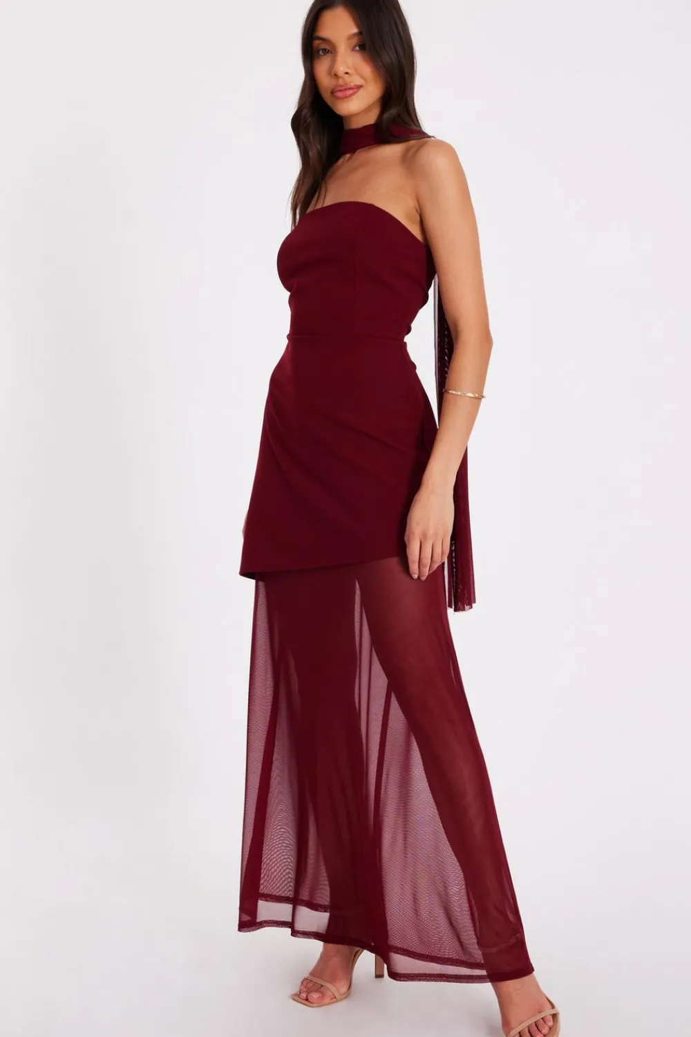 Quiz Prom Dresses|Prom & Ball>Dark Red Strapless Mesh Hem Maxi Dress