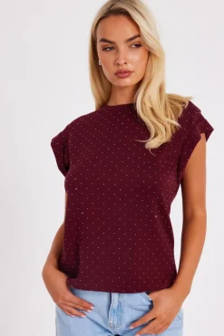 Quiz Going Out Tops|Day Tops>Dark Red Stud Detail Top