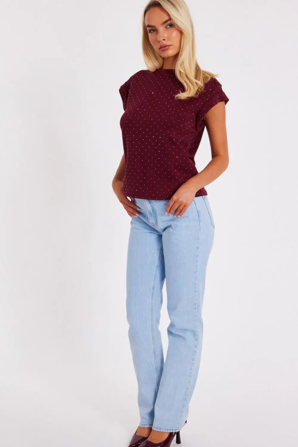 Quiz Going Out Tops|Day Tops>Dark Red Stud Detail Top