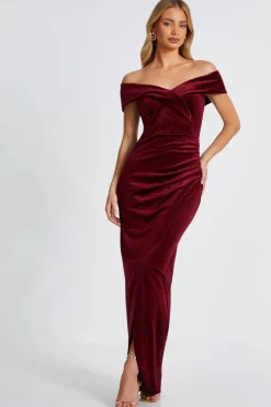 Quiz Evening Dresses|Trending: Red>Dark Red Velvet Bardot Maxi Dress