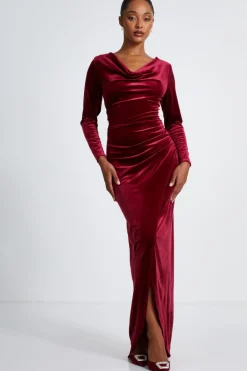 Quiz Trending: Red|Wedding Guest Dresses>Dark Red Velvet Cowl Neck Maxi Dress