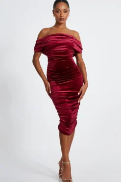 Quiz Trending: Red|Red Dresses>Dark Red Velvet Ruched Midi Dress