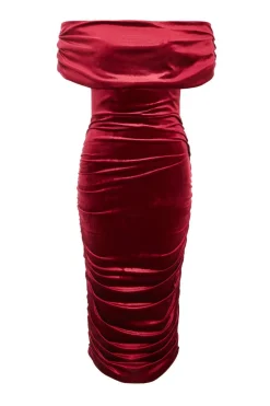 Quiz Trending: Red|Red Dresses>Dark Red Velvet Ruched Midi Dress