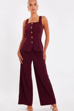 Quiz Workwear|Trousers>Dark Red Wide Leg Trousers