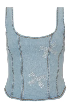 Quiz Summer Tops|Day Tops>Denim Bow Embellished Crop Top
