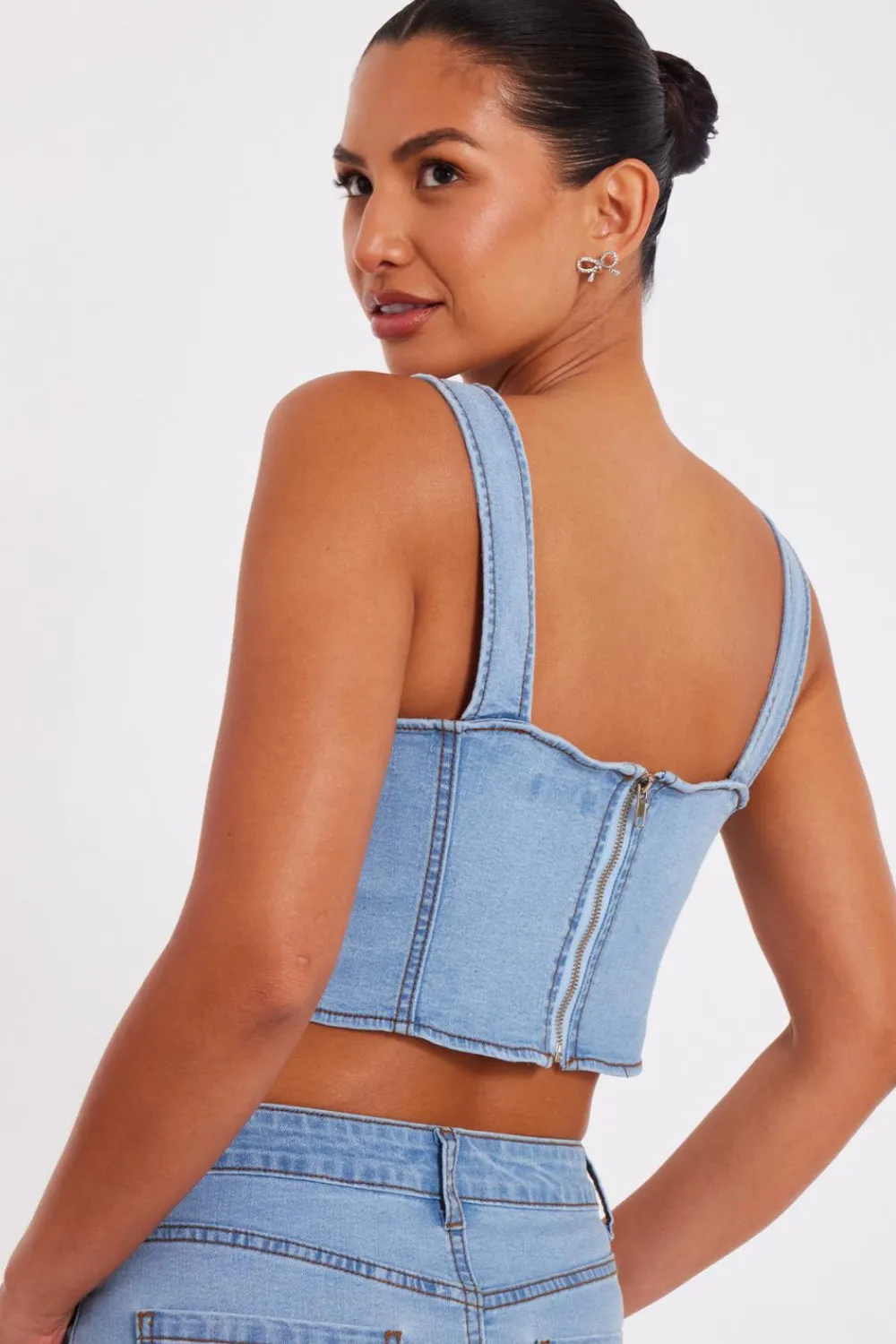 Quiz Summer Tops|Day Tops>Denim Bow Embellished Crop Top