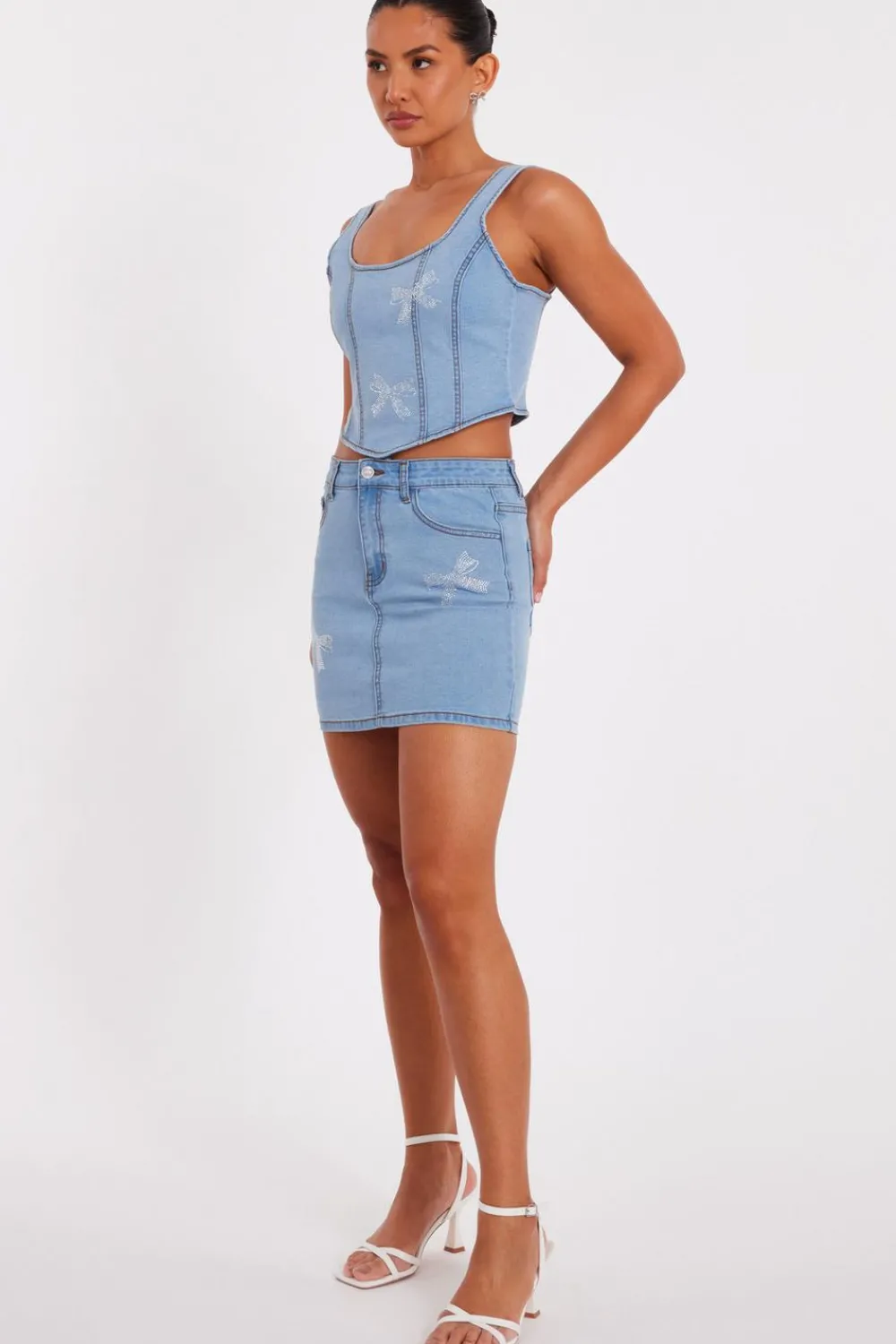 Quiz Summer Tops|Day Tops>Denim Bow Embellished Crop Top