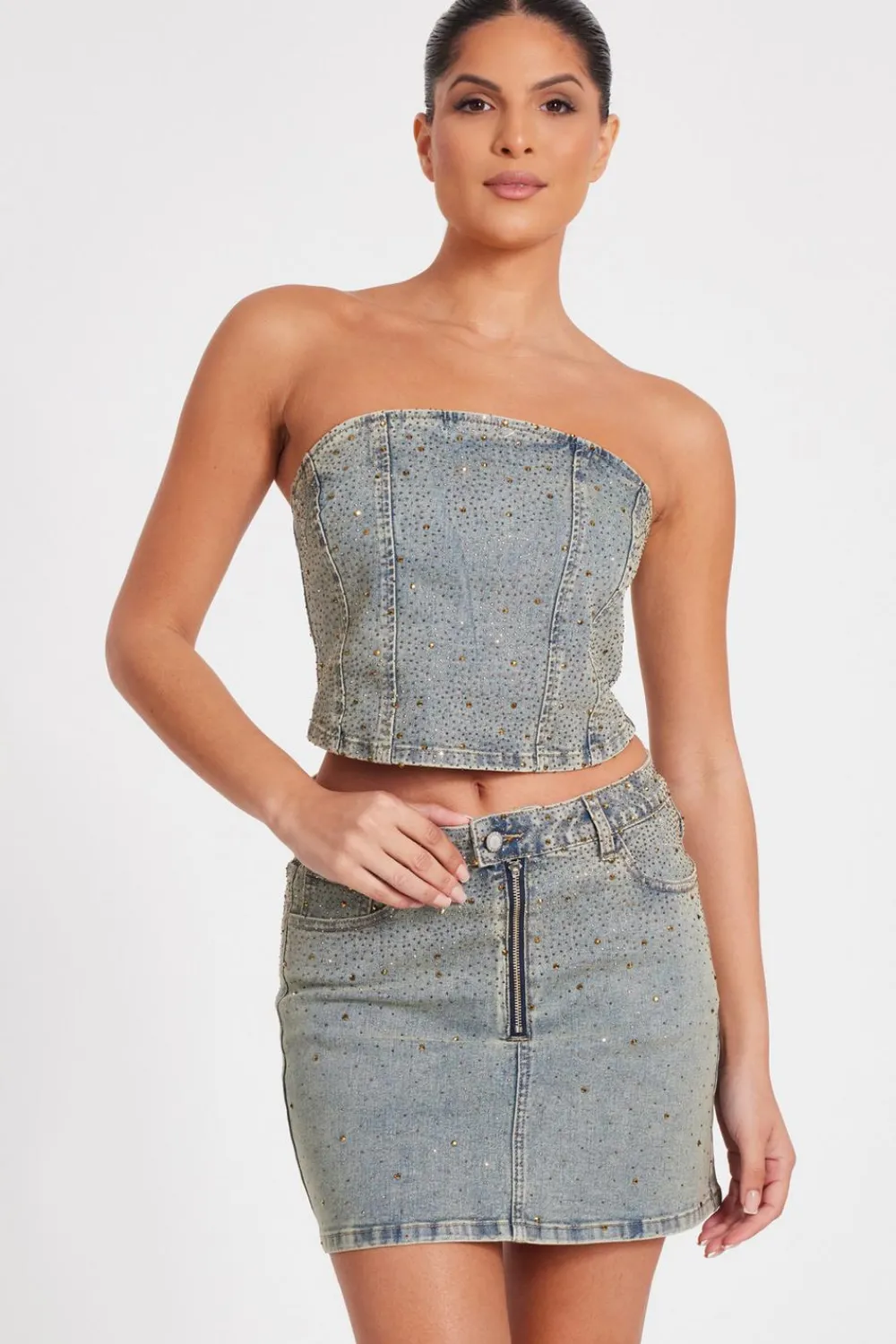 Quiz Going Out Tops|Crop Tops>Denim Embellished Bandeau Top