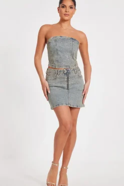 Quiz Going Out|Co-Ords>Denim Embellished Mini Skirt