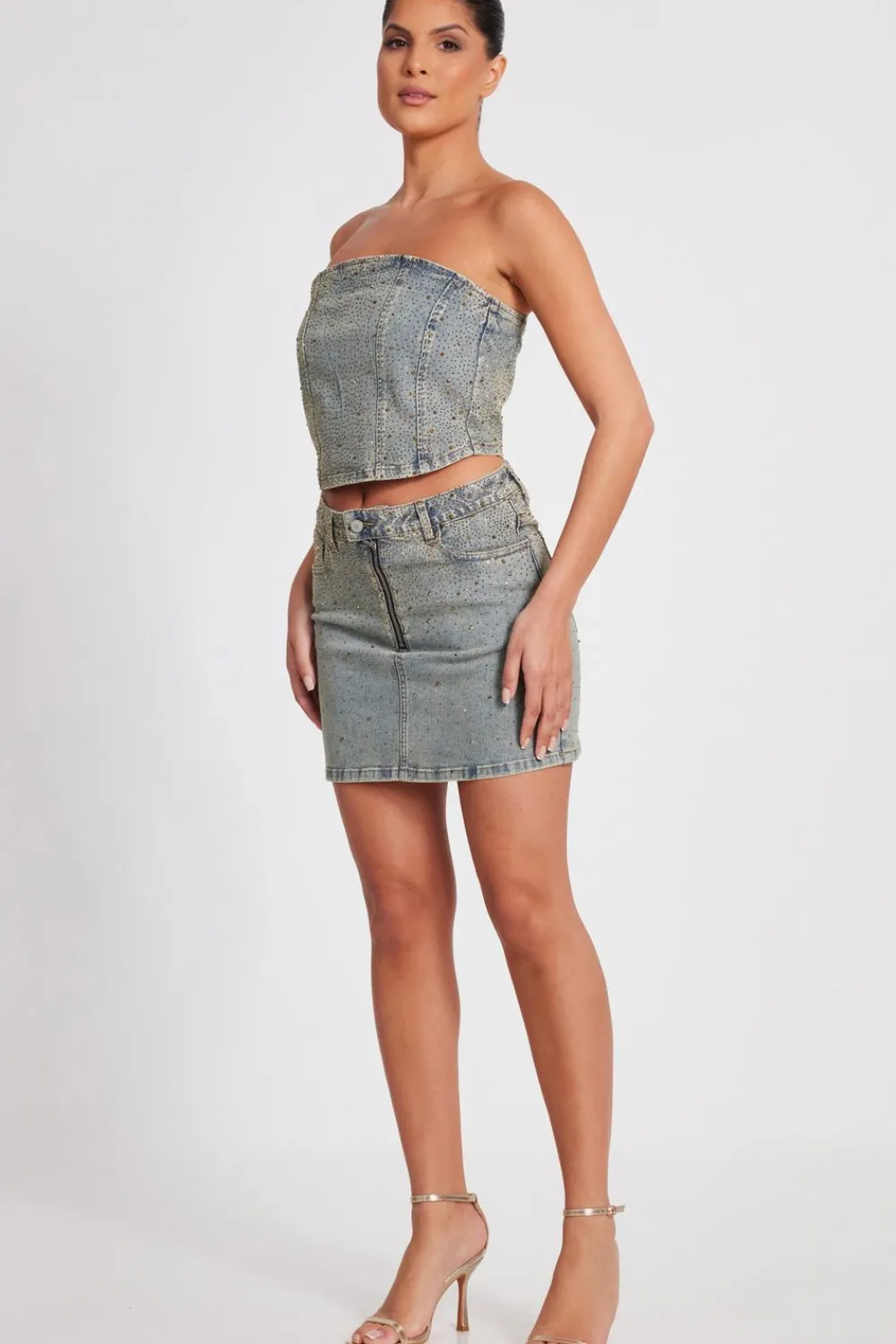 Quiz Going Out|Co-Ords>Denim Embellished Mini Skirt