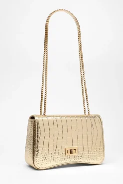Quiz Bags>Gold Crocodile Print Cross Body Bag