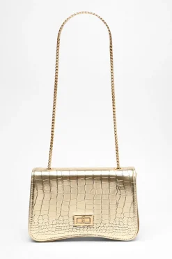 Quiz Bags>Gold Crocodile Print Cross Body Bag
