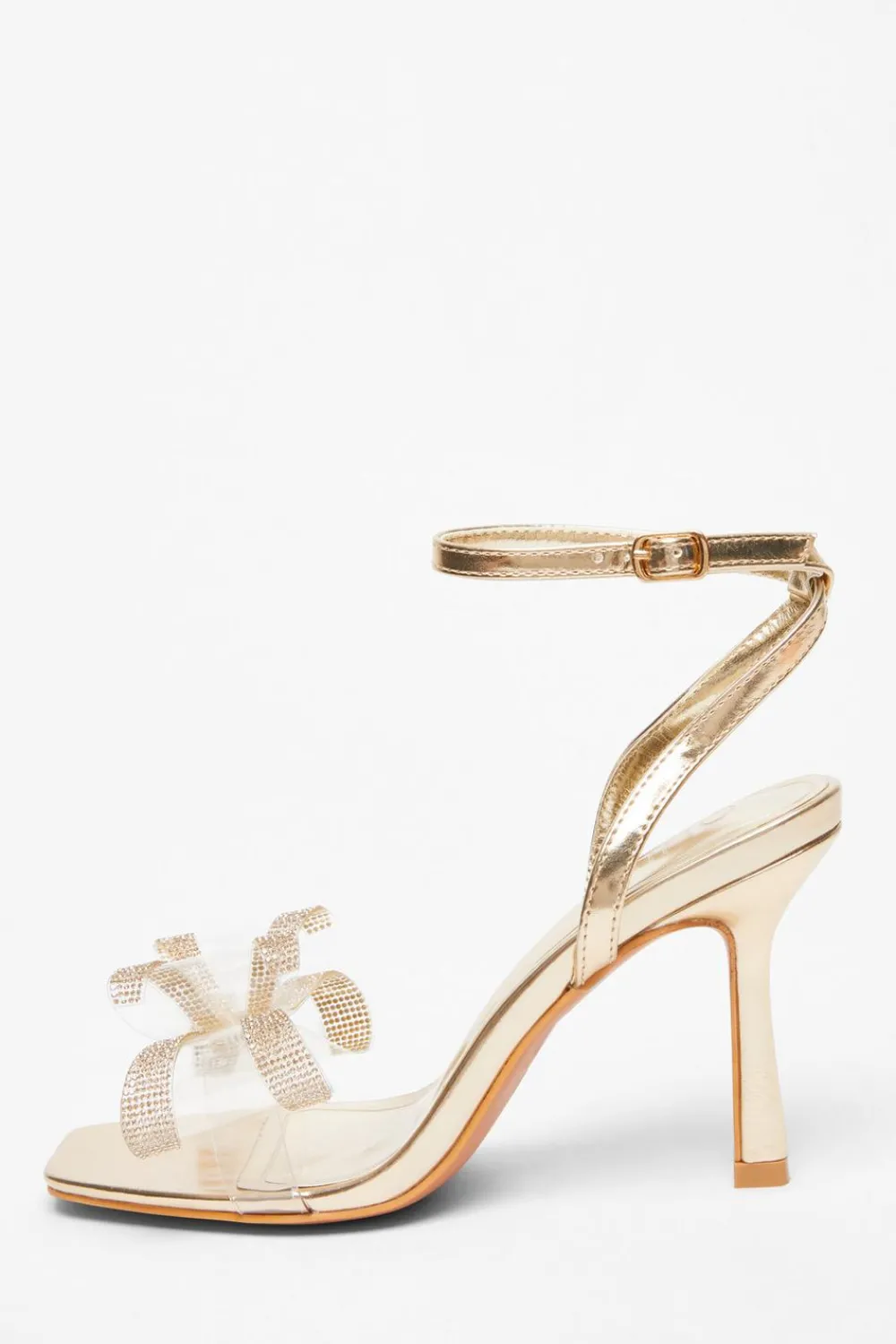 Quiz Sandals|Heels>Gold Diamante Bow Heels