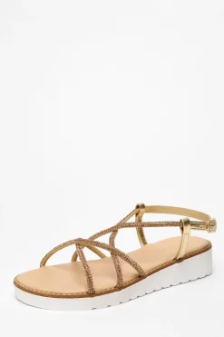 Quiz Sandals|Holiday Shoes>Gold Diamante Cross Strap Flatform Sandals