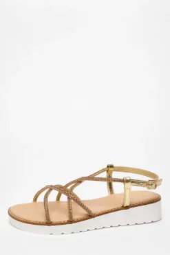 Quiz Sandals|Holiday Shoes>Gold Diamante Cross Strap Flatform Sandals