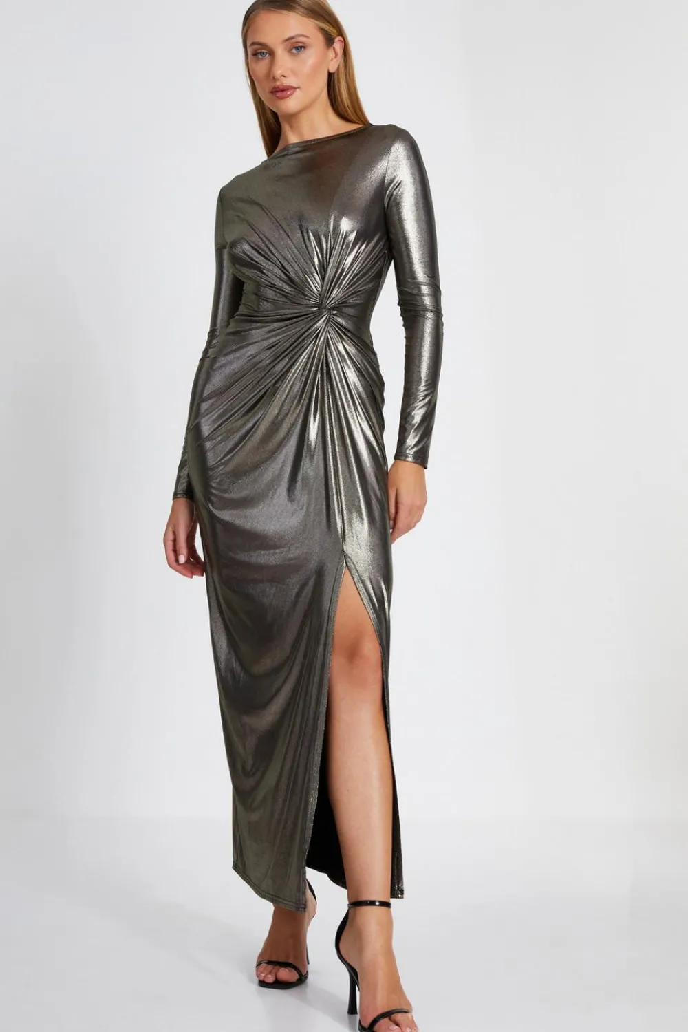 Quiz Evening Dresses|Occasion Dresses>Gold Foil Ruched Maxi Dress