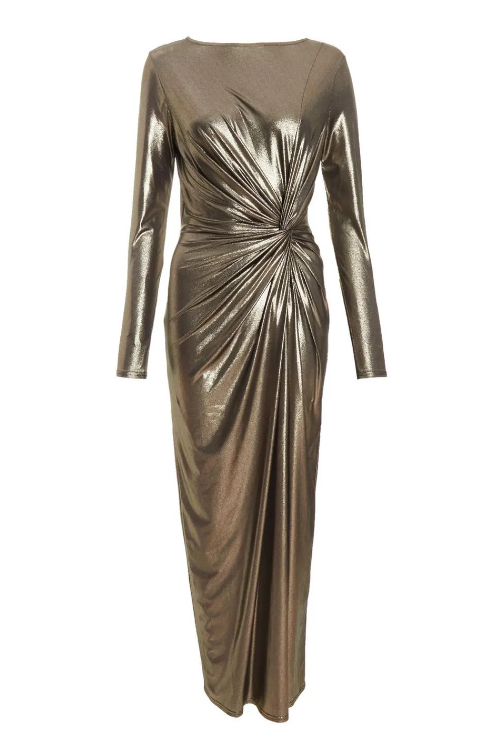 Quiz Evening Dresses|Occasion Dresses>Gold Foil Ruched Maxi Dress