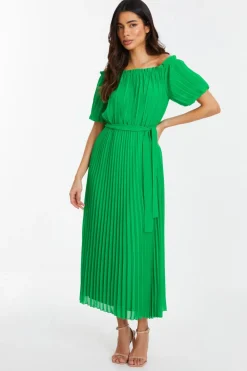 Quiz Evening Dresses|Summer Dresses>Green Chiffon Pleated Midi Dress