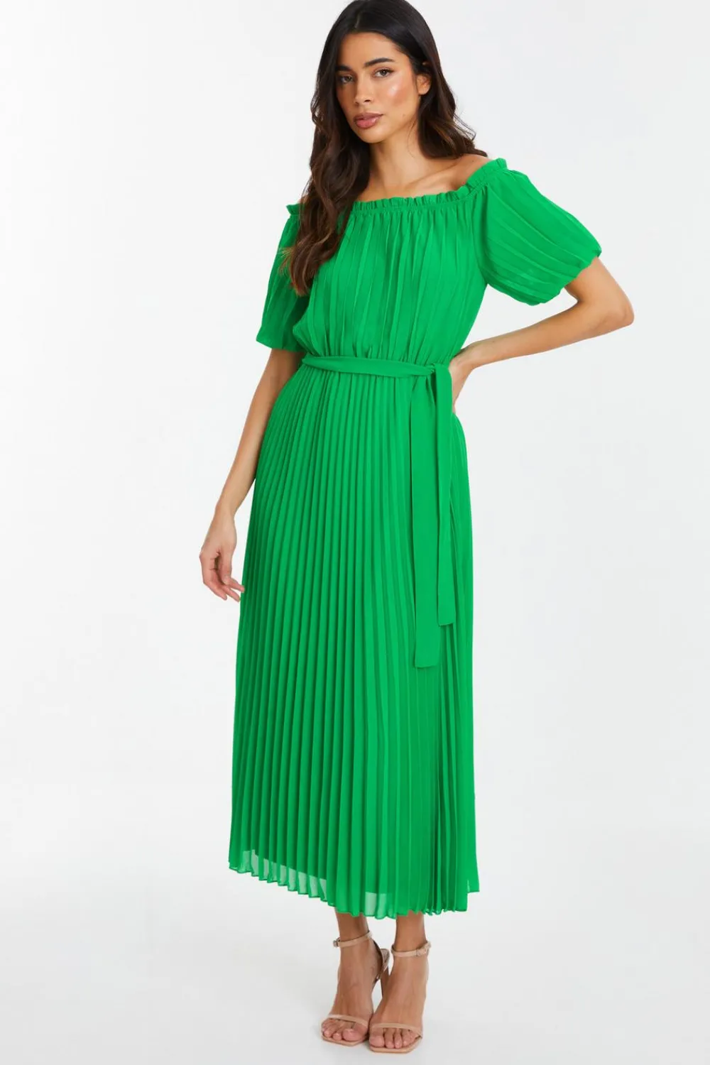 Quiz Evening Dresses|Summer Dresses>Green Chiffon Pleated Midi Dress