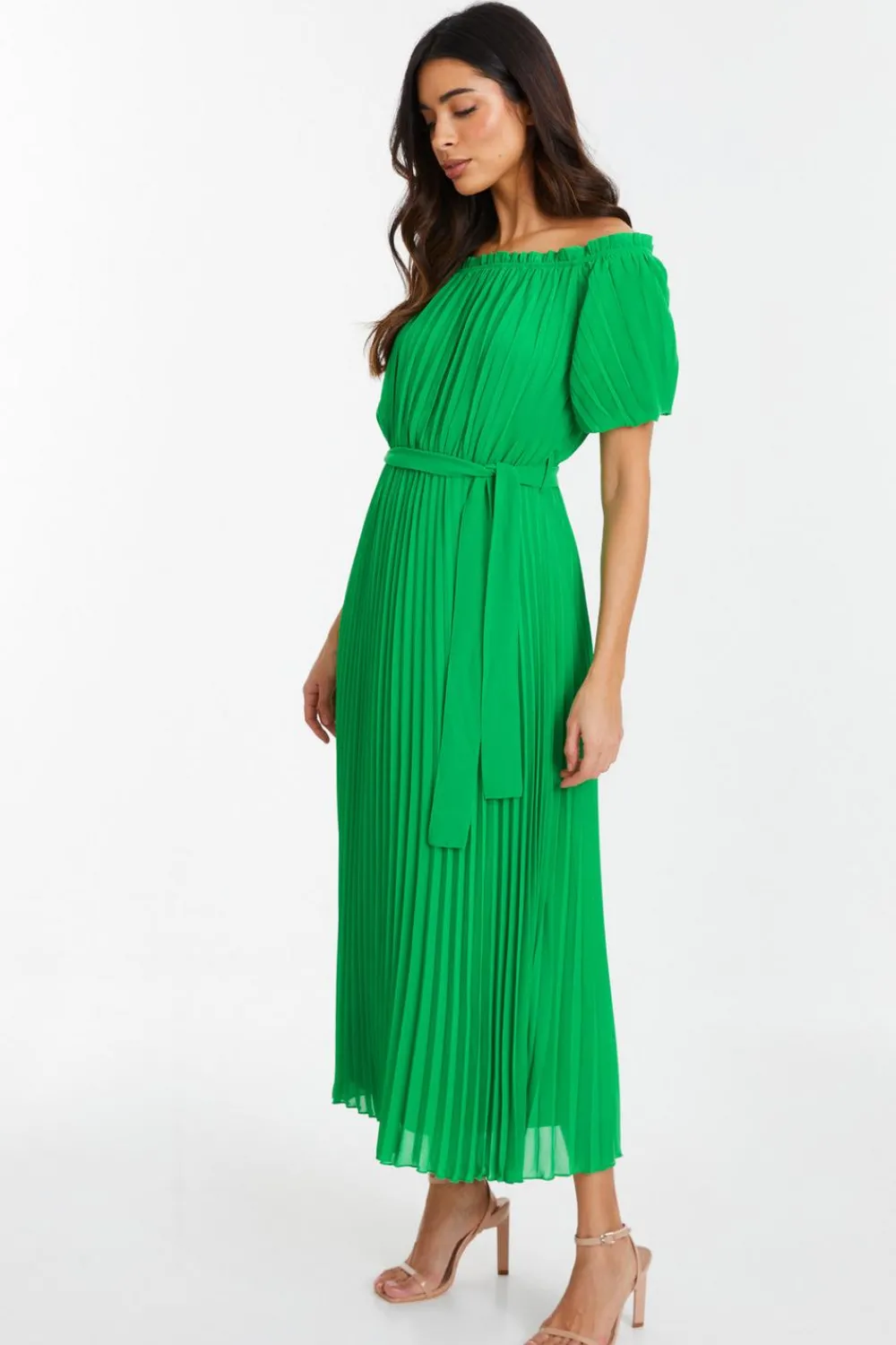 Quiz Evening Dresses|Summer Dresses>Green Chiffon Pleated Midi Dress