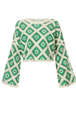 Quiz Summer Tops|Day Tops>Green Crochet Geometric Crop Top