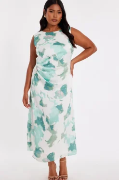 Quiz Day At The Races|Christening Guest>Green Curve Satin Marble Midaxi Dress