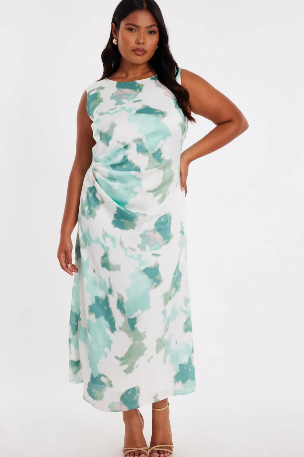 Quiz Day At The Races|Christening Guest>Green Curve Satin Marble Midaxi Dress