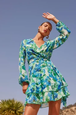 Quiz Evening Dresses|Christening Guest>Green Floral Wrap Chiffon Skater Dress