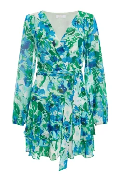 Quiz Evening Dresses|Christening Guest>Green Floral Wrap Chiffon Skater Dress