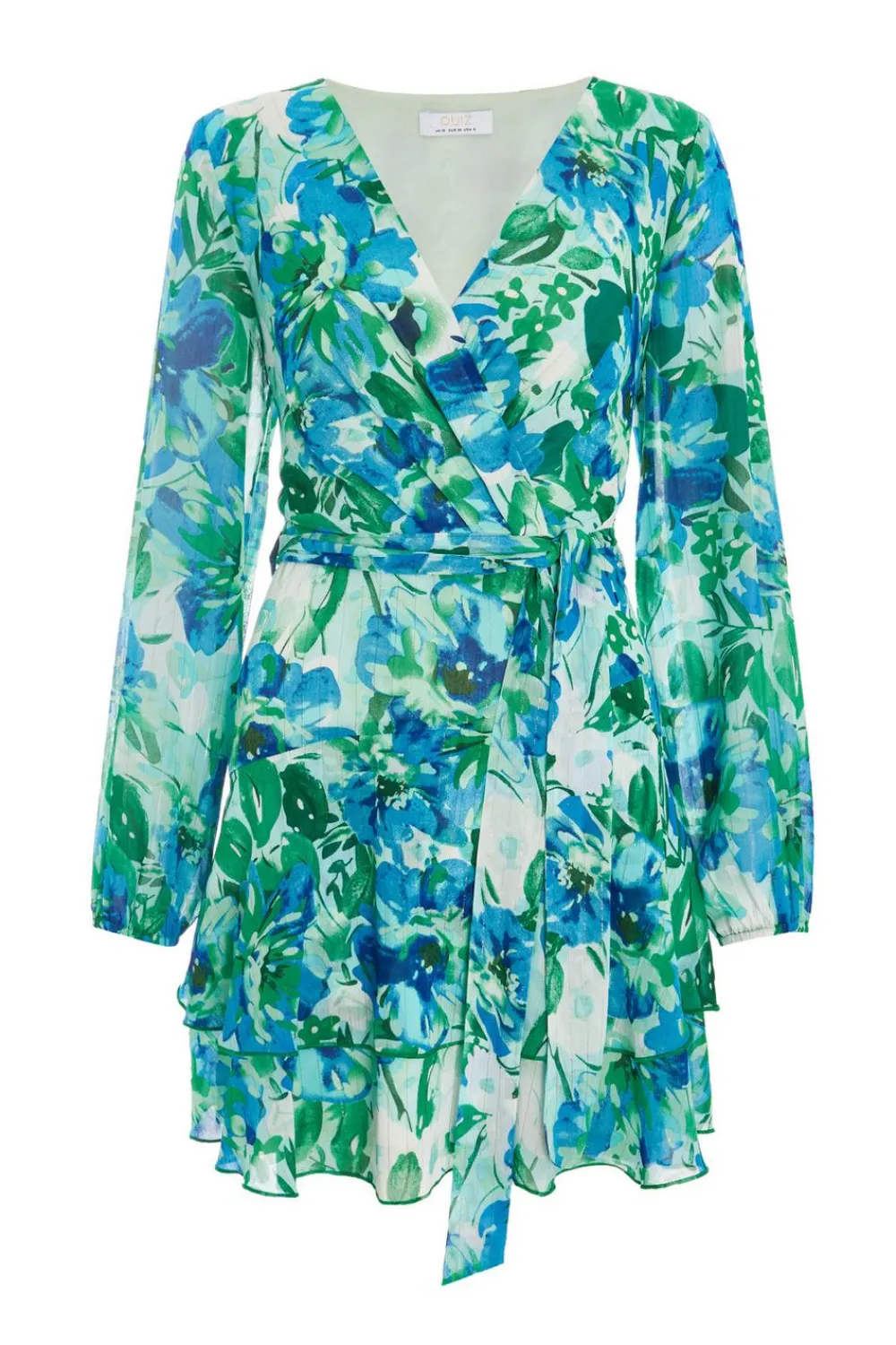 Quiz Evening Dresses|Christening Guest>Green Floral Wrap Chiffon Skater Dress