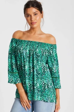 Quiz Bardot Tops|Tops>Green Leopard Print Bardot Top